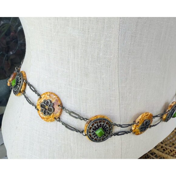 Antique 30's Celloid Circles Green Glass Silverplate women's Link Belt/Necklace - Picture 8 of 16